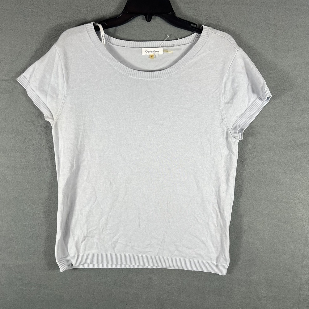 Calvin Klein Women's Light Blue Knit Short Sleeve Top Pullover Sweater‎ Size L